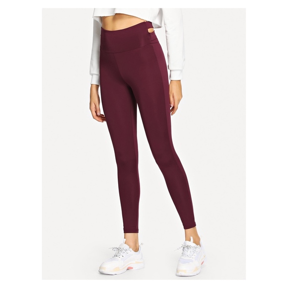 Burgundy Back Criss Cross Solid Workout Leggings - Picture 2 of 5